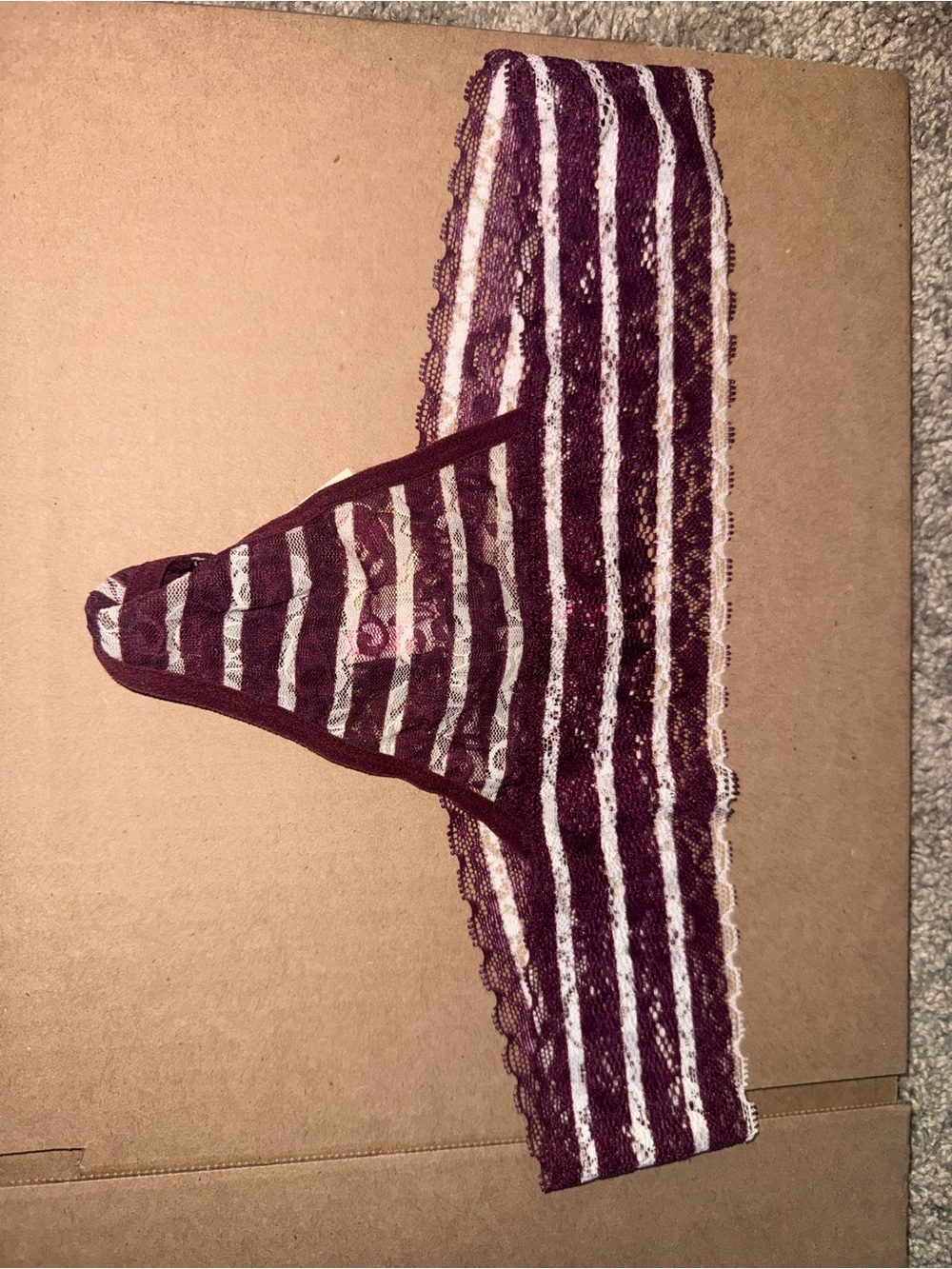 PINK Victoria's Secret Burgundy and White Striped Lace Thong